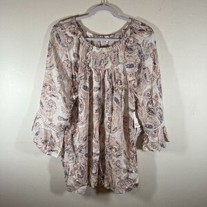 89th MADISON white multicolor paisley 3/4 raglan sleeves smocked rayon top 1X